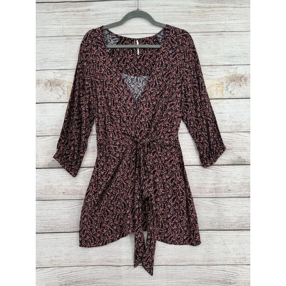 Free People V-Neck Floral Tie Front Mini‎ Dress Women's Size Medium Black/Pink